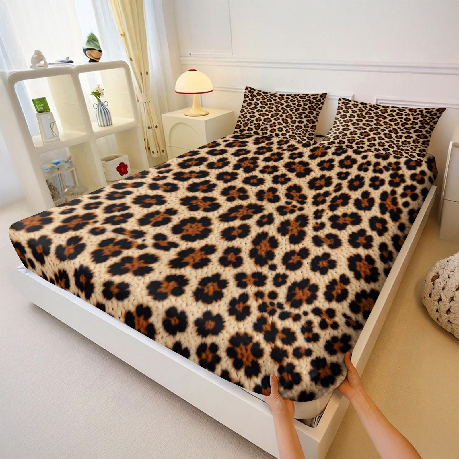 3Pcs Leopard Print Fitted Sheet Set, Retro Luxury Bedding Set, Soft and Breathable Fabric, Deep Pocket Design, Easy to Clean, Ideal for Fashionable Young Women's Bedroom Decor