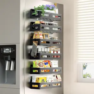 6 Pack Strong Magnetic Spice Rack for Refrigerator, Multipurpose Magnetic Shelf for Fridge with 4 Hooks for kitchen and Bathroom Organization, Black