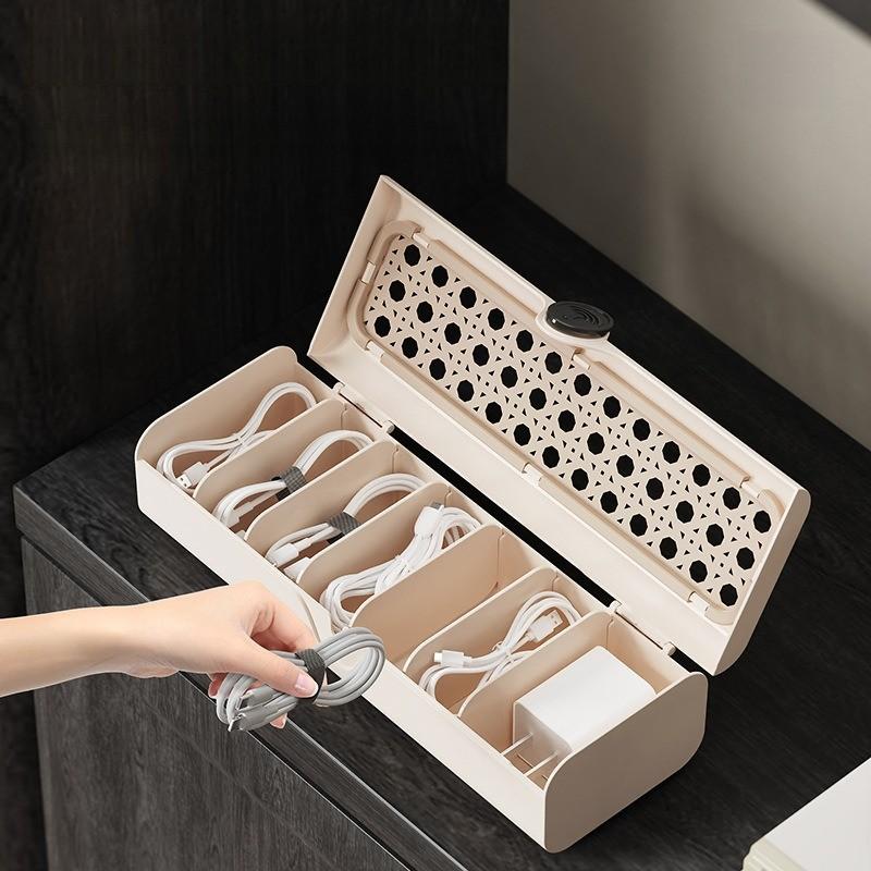 Vintage Woven Style Retro Flip-Top Storage Box, Adjustable Compartments, Data Cable Organizer, Desktop Wire Management, Universal Setting