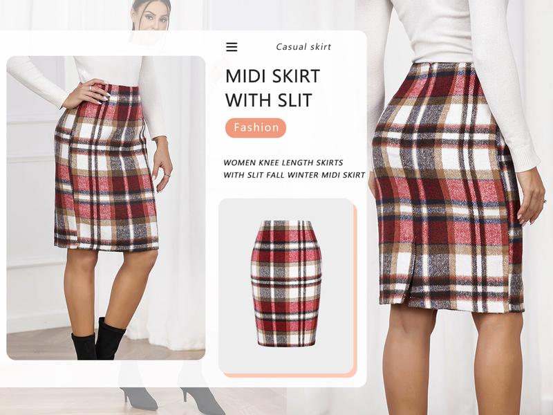 IDEALSANXUN Plaid Pencil Skirts High Waisted Wool Knee Length for Women Fall Winter Skirts Long Midi Tweed Skirt Faldas de Invierno Para Mujer Business Casual Outfits for Women Work Office Skirt Tartan Skirts Holiday Outfits Womenswear Bottoms