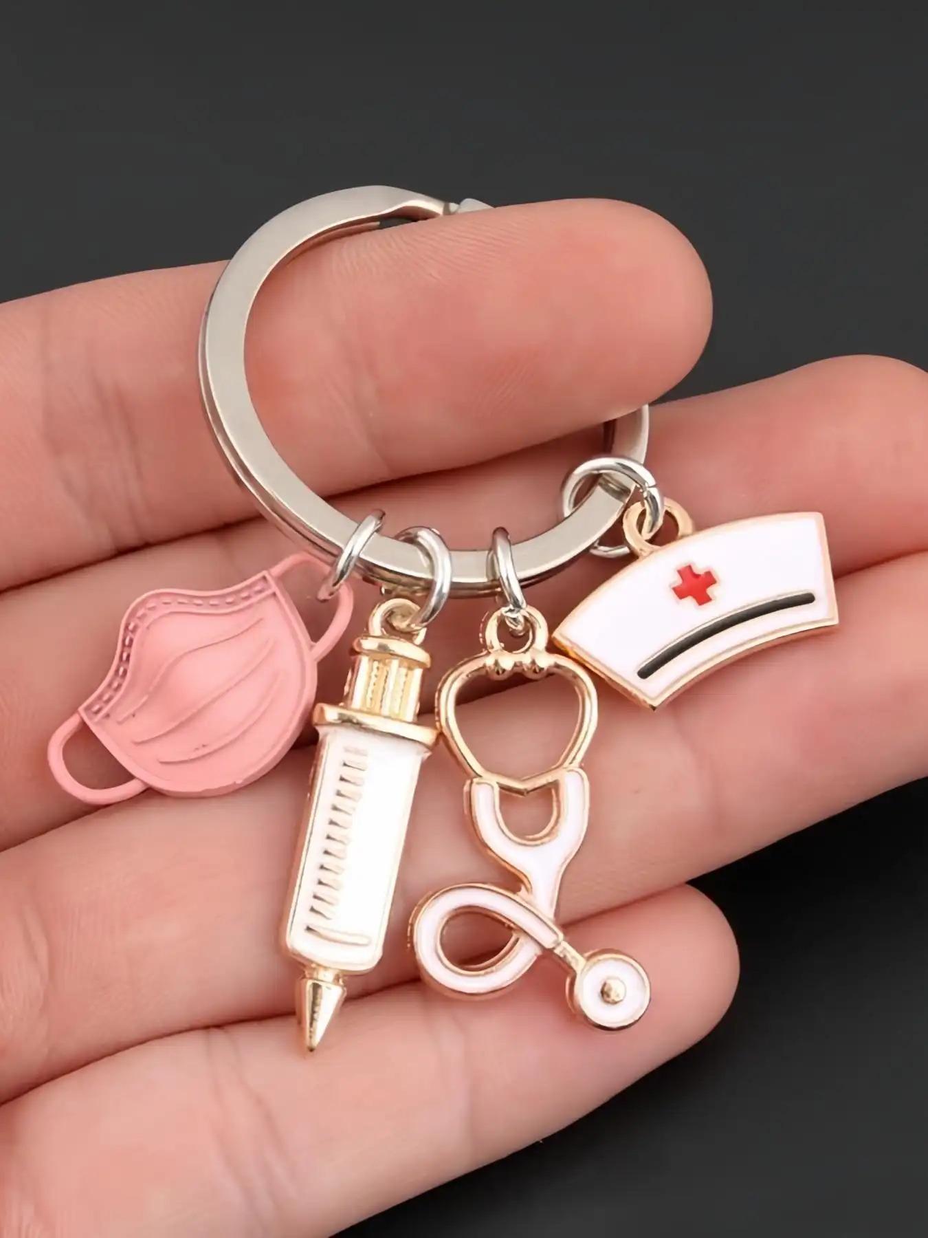 Nurse Mask Stethoscope Keychain Bag Charm, Cute Medical Tool Key Ring with Syringe Pendant and Nurse Cap Detail, Fashion Alloy Purse Accessory, Backpack Ornament, Car Key Holder and Scrubs Charm, Christmas Halloween Birthday Holiday Gift for Mom, Wife, Gi