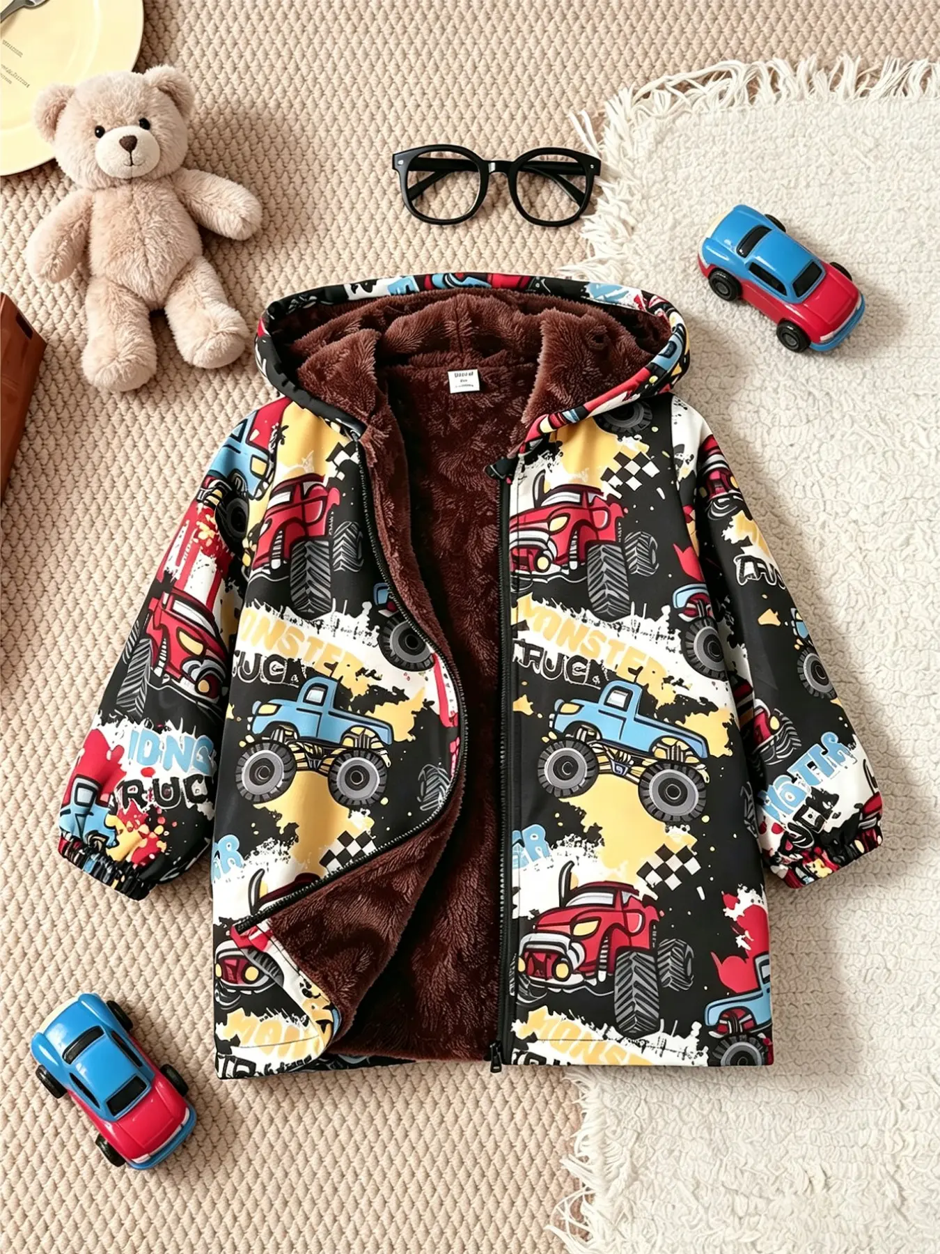 Boys' Winter Fleece Hooded Jacket, Cartoon Monster Truck Print, Thick Plush Lining, Outdoor Warm Casual Kids Coat, Spring & Fall Outerwear