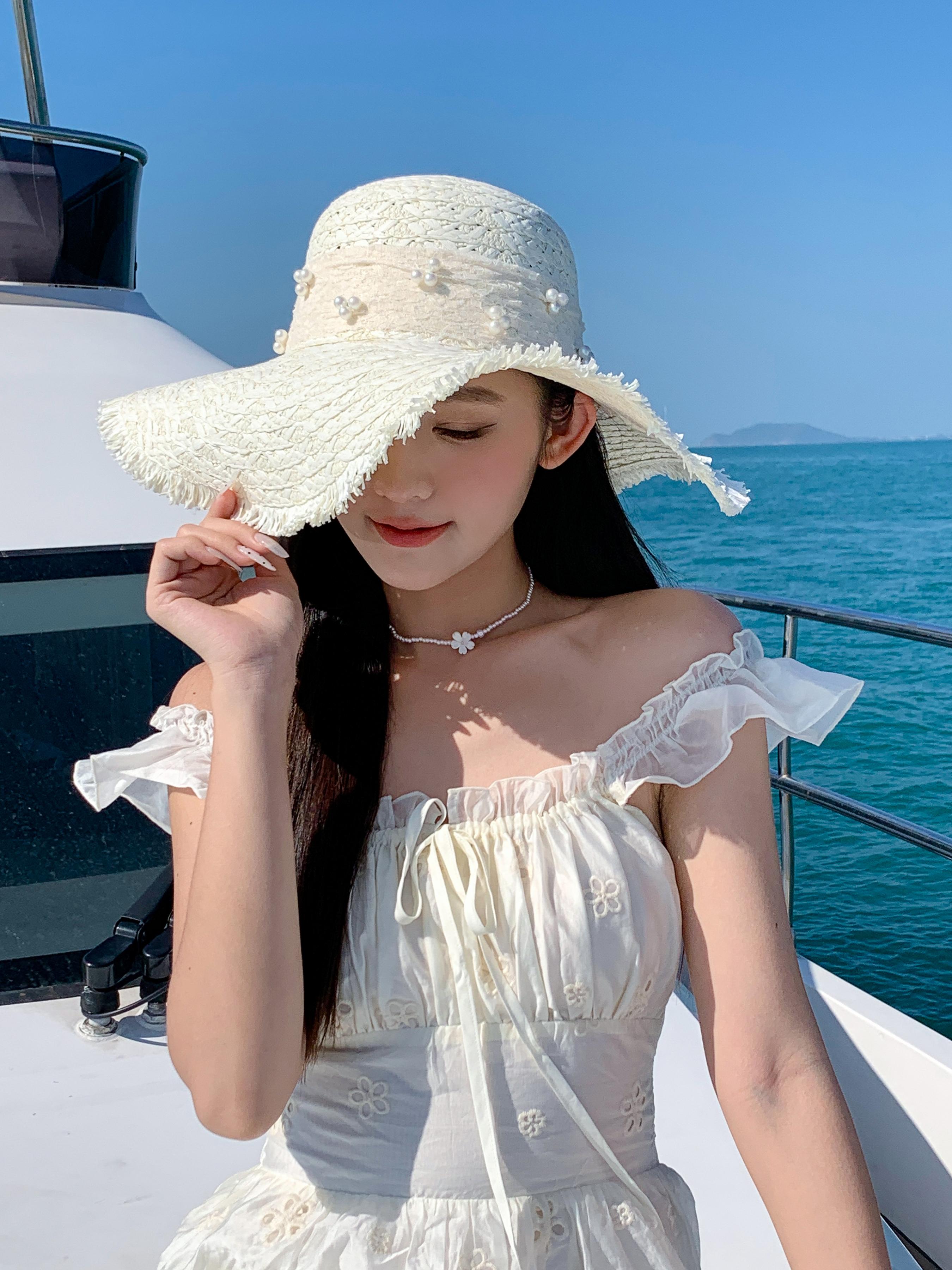 Frayed Edge Lace Pearl Bow | Romantic Coquette | Straw Weave | Wide Brim Floppy Sun Hat | Beach Vacation Yacht | Summer 2026 | UV Protection Aesthetic | #TikTokMadeMeBuyIt #SummerEssentials
