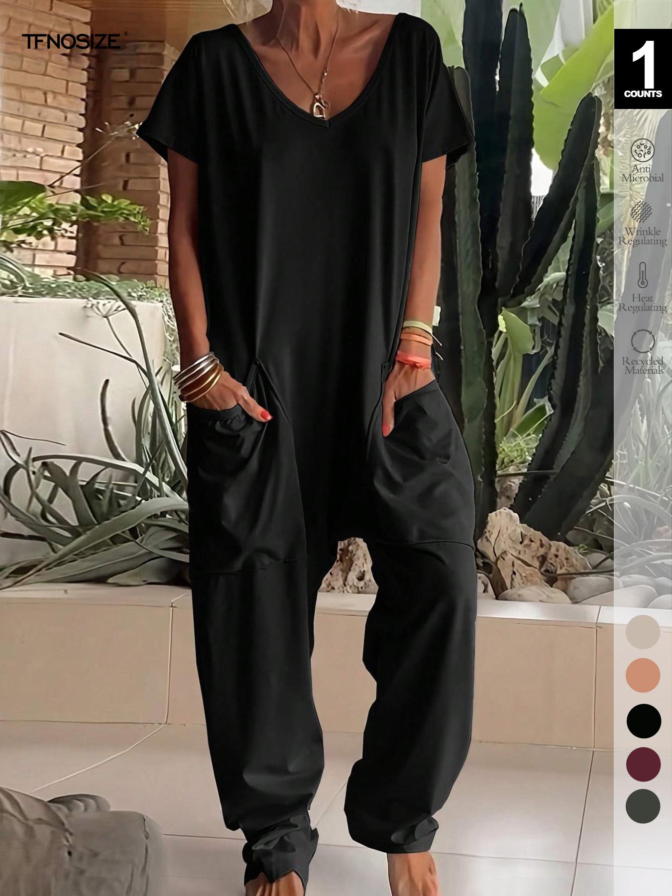 1/2/3 pcs Oversized Women's Harem Jumpsuit, Bohemian Style One-Piece Romper with Side Pockets, Casual Fashion for All-season 2026