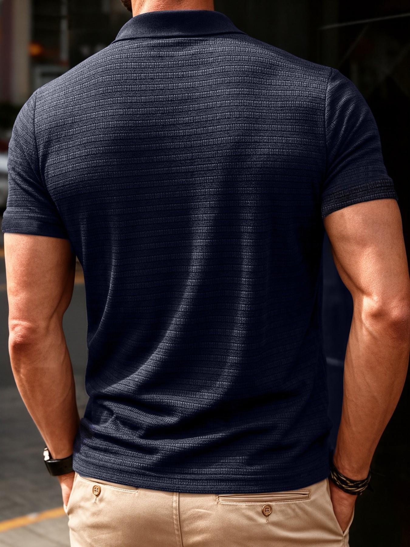 Men's Casual Short Sleeve T-Shirt, Textured Fabric, Ribbed Polo Top, Summer Solid Color Fashion, Single Piece