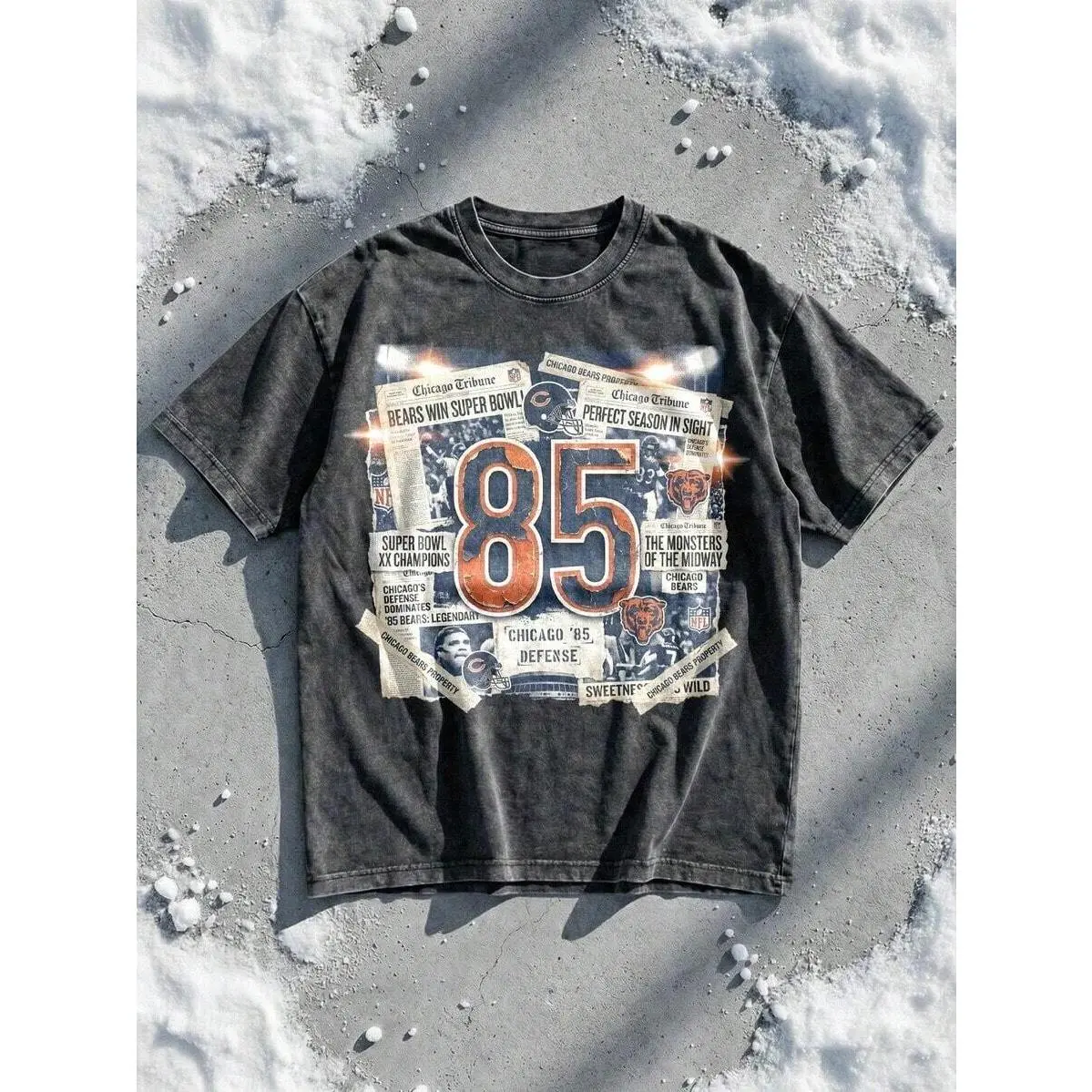 Vintage Washed Graphic T-Shirt, Chicago Football 85 Retro Newspaper Bear Head Tee, Unisex Cotton Casual Couple Matching Boyfriend Style Top, Classic Game Day Sports Fan Apparel, Fall Gridiron Fan Gift for Men & Women