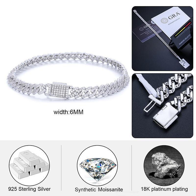 【B62 6mm live2】UCCIYO Synthetic Moissanite S925 Sterling Silver Cuban Chain Bracelet Miami Cuban Chain Ice Out D VVS Synthetic Moissanite Men Singer Style Rap Hip Hop Jewelry