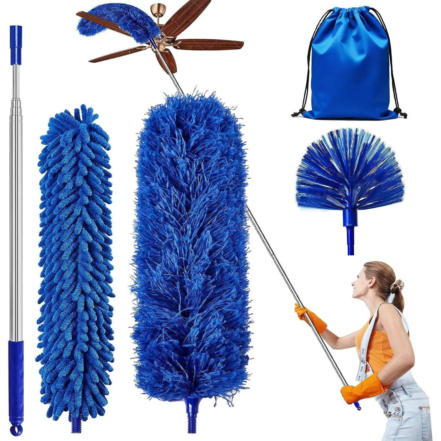 Duster with Extension Pole, 5 in 1 Cleaning Kit with Microfiber Dusters | Long Dusters for Cleaning High Ceilings, Cobweb Duster for Fan and Blinds,  Dusters Kit for Furniture Indoor Use