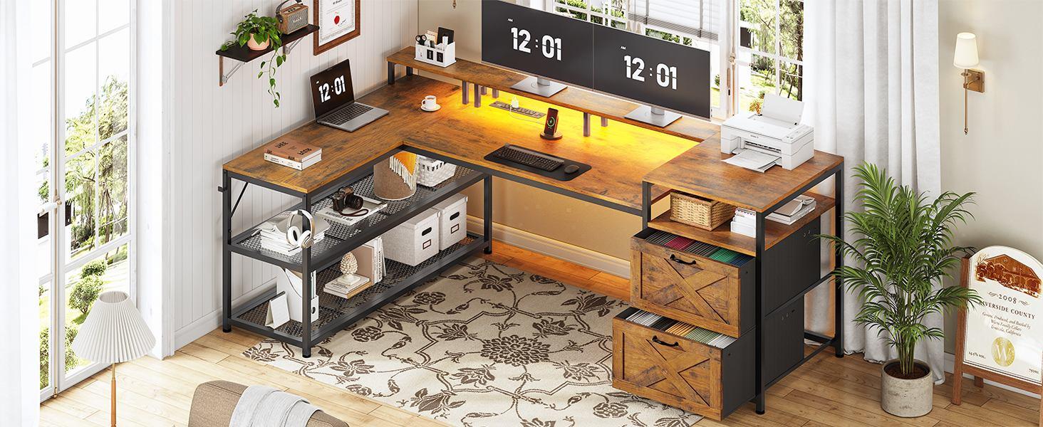 SEDETA 67" L Shaped Desk with Drawers, Computer Office Desk with Storage Shelves & Power Outlet, Reversible Gaming Desk with LED Lights for Home Office
