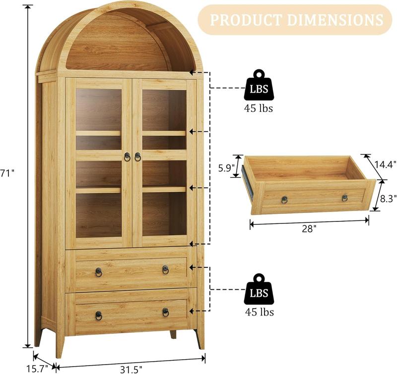 71" Tall Arched Kitchen Pantry, Pantry Cabinet, Kitchen Storage Cabinets with 2 Large Drawers & Adjustable Shelves & Glass Door for Living Room,Dining Room, Natrual 71" Tall Arched Kitchen Pantry, Pantry Cabinet, Kitchen Storage Cabinets with 2 Large Drawers & Adjustable Shelves & Glass Door for Living Room,Dining Room, Natrual