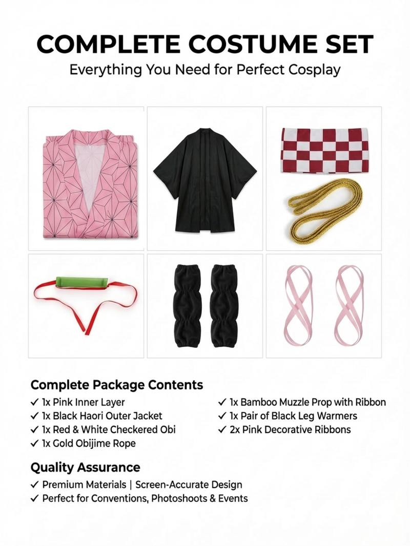 Demon Slayer Nezuko Cosplay Costume Set, Complete Anime with Kimono Bamboo Props, Halloween Cosplay for Women Demon Slayer Nezuko Cosplay Costume Set, Complete Anime with Kimono Bamboo Props, Halloween Cosplay for Women