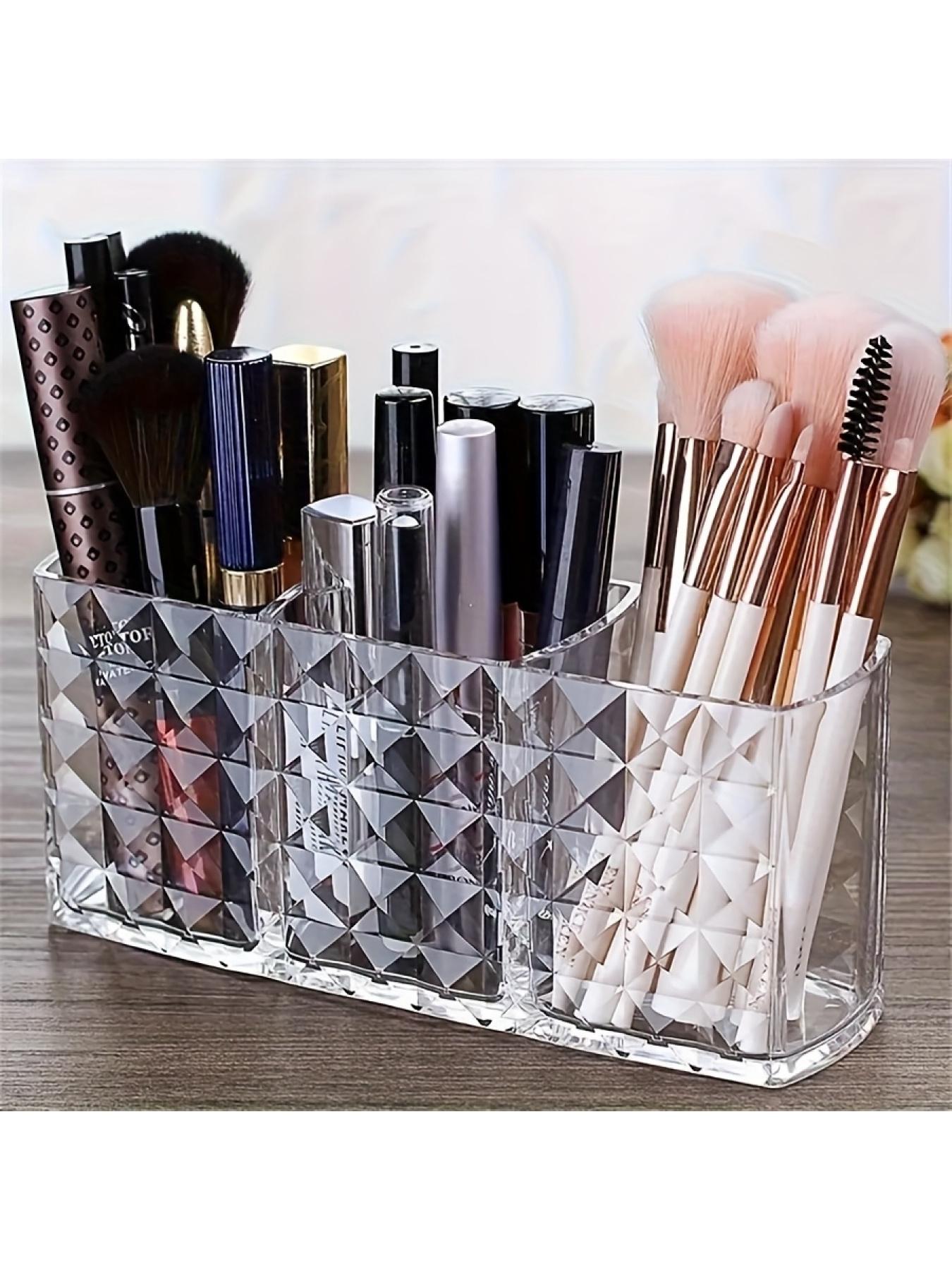 Large Capacity Clear Divided Makeup Brush Organizer - No Assembly Required, Lightweight Stable Base, Geometric Pattern Polished Surface, Storage for Lipsticks, Eyeshadows, Cosmetics & Skincare, Perfect for Vanity & Bathroom Countertop