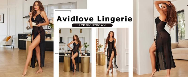 Avidlove Women's Lace Nightgown Floral Mesh Chemise with V-Neck & Side Splits Fitted Loungewear for Comfortable Wear Soft Lightweight Lingerie - Drop Shoulder Nightdress