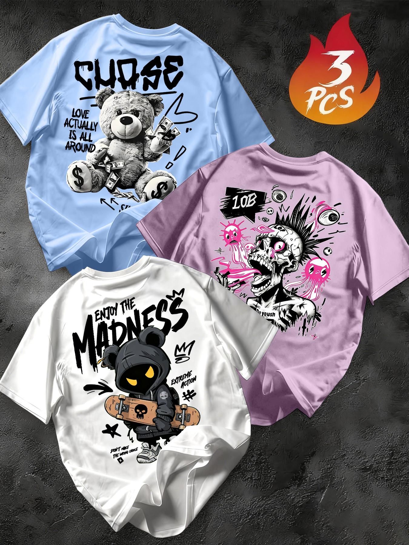 Men's 3-Pack Graffiti Round Neck Short Sleeve T-Shirts, Unique Cool Prints, Loose Fit, Casual Street Style, Streetwear, Daily Wear, Menswear