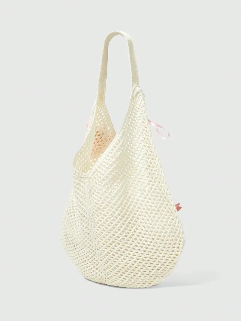 Hollow Out Knit Floral Embellished Aesthetic Tote Bag, Orchid Flower Ribbon Decoration, Large Capacity Shoulder Bag for Fall Winter Beach Vacation