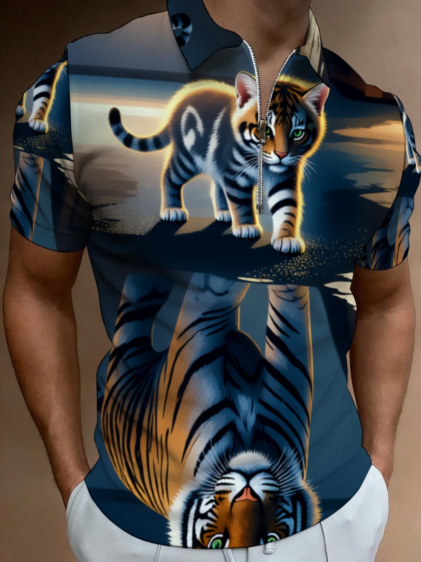 Men's Short Sleeve Polo Shirt with Tiger Print, Summer Fashion Casual Top, Trendy Design Men's Clothing