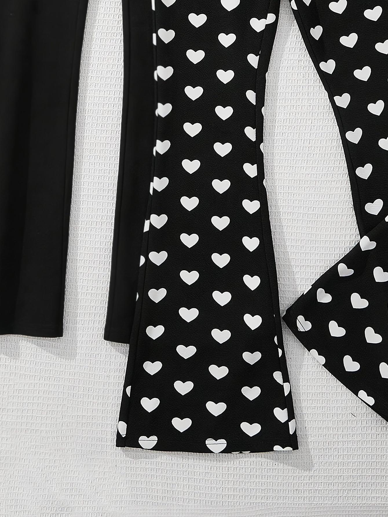 Girls 2-Pack Flared Pants Set – Solid Black & White Heart Print Elastic Waist Bell Bottoms for Kids