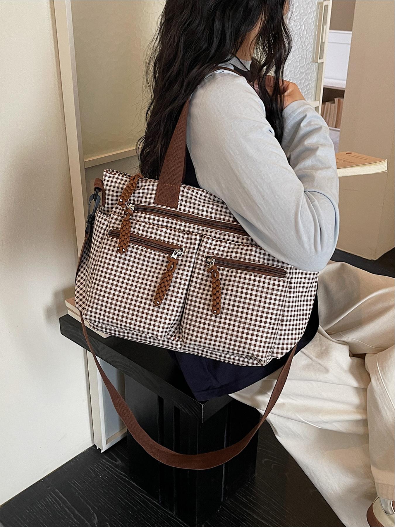 Large capacity plaid multi pocket tote bag, retro street style drawstring design, single shoulder bag, workwear style crossbody bag, adjustable shoulder strap, daily leisure, work, commuting, armpit bag