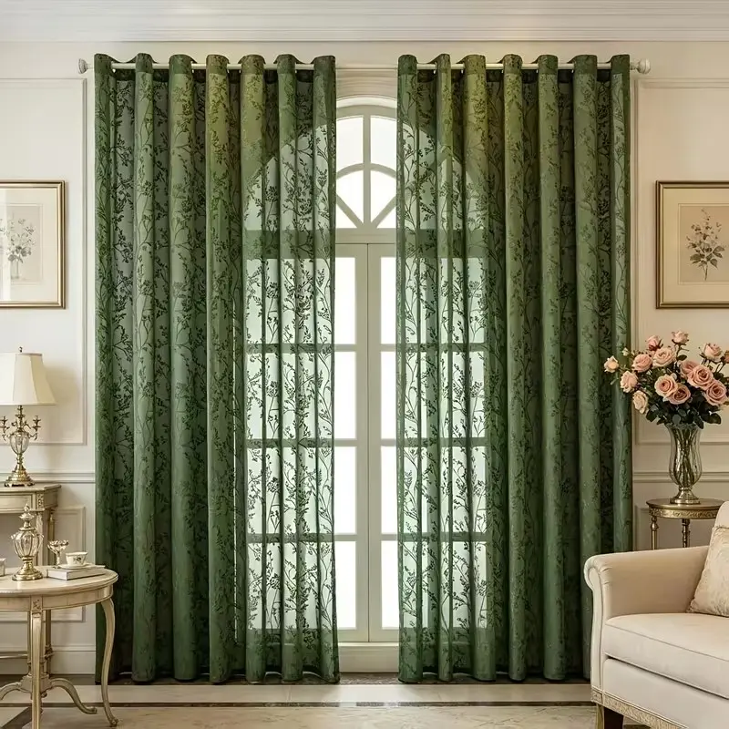 2 Panels Forest Style Jacquard Curtains, Branch Pattern, Top Ring Suspension, Living Room, Floor-To-Ceiling, Bedroom, Balcony, Study