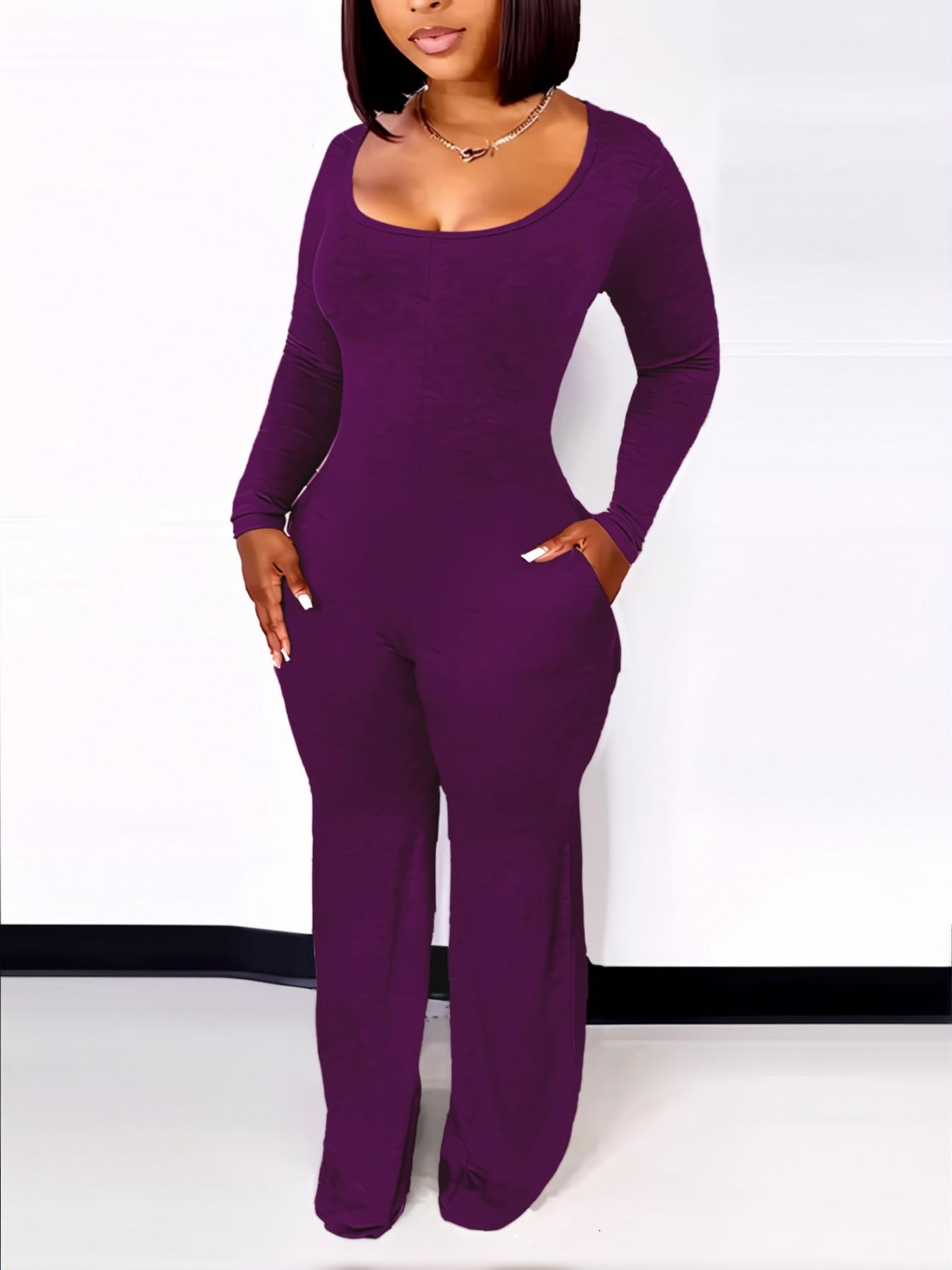 Women's Sexy Fitted Long Sleeve Jumpsuit, Plain Pattern, Minimalist, All Seasons Fashion, Low Neck Pocket Design, European & American Style