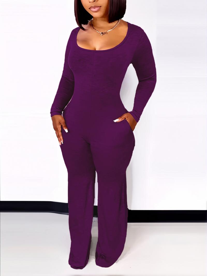 Women's Sexy Fitted Long Sleeve Jumpsuit, Plain Pattern, All Seasons Fashion, Low Neck Pocket Design, European & American Style