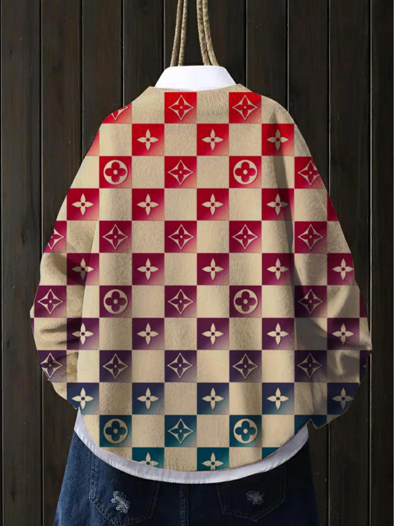 Women's Gradient Plaid Geometric Print Sweater, Fall and Winter Casual Long Sleeve Knitwear, Comfortable Warm Daily Wear