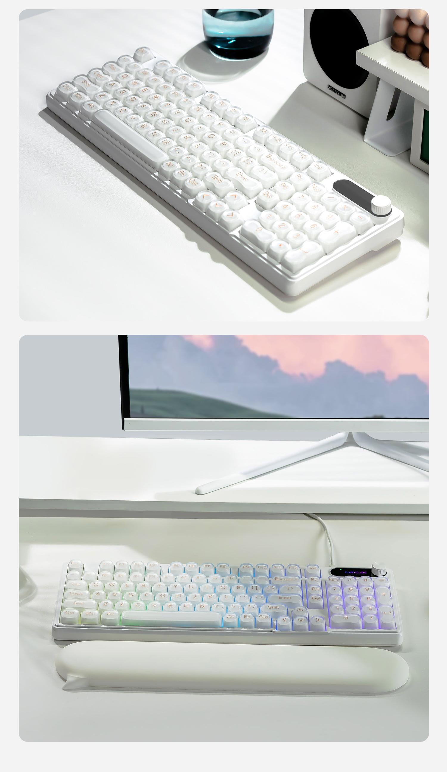 FURYCUBE IP98 Foudation Keyboard, 98 keys with Knob Transparent Keycaps Tri-Mode BT/2.4GHz/USB-C Cute Classic Keyboard with Number Pad, Media Knob Custom Mechanical Feel Keyboard, RGB Backlit Work/Office/Gaming Silent Keyboard, Budget Gift