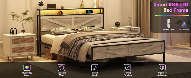 Vabches LED Bed Frame with Charging Station, Platform Metal Headboard Storage & USB Ports Outlets, Farmhouse Lights for Bedroom, Noise Free