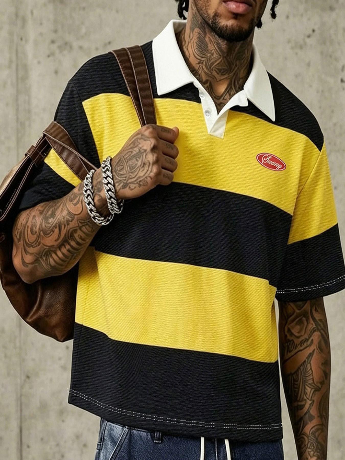 Men's American-Style Wide-Striped Collared Polo Shirts, Summer Short Loose-Fit Top, Casual Collar Streetwear