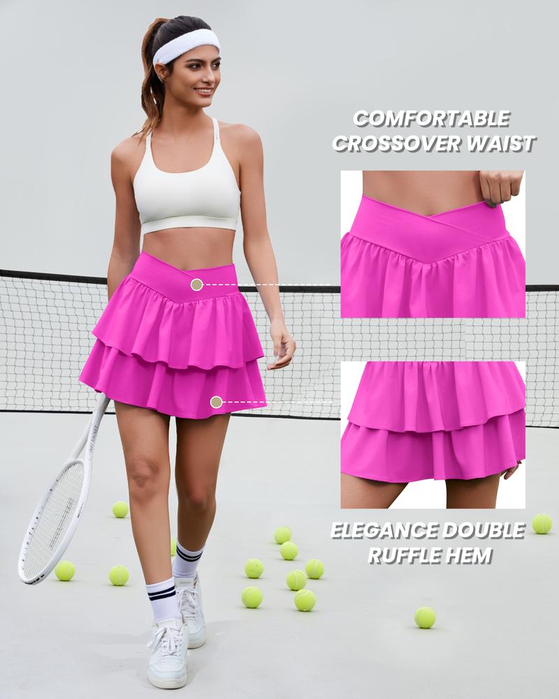 FireSwan Women's Ruffle Tennis Skirt with Shorts Pockets Athletic Crossover Layered Skorts Golf Running