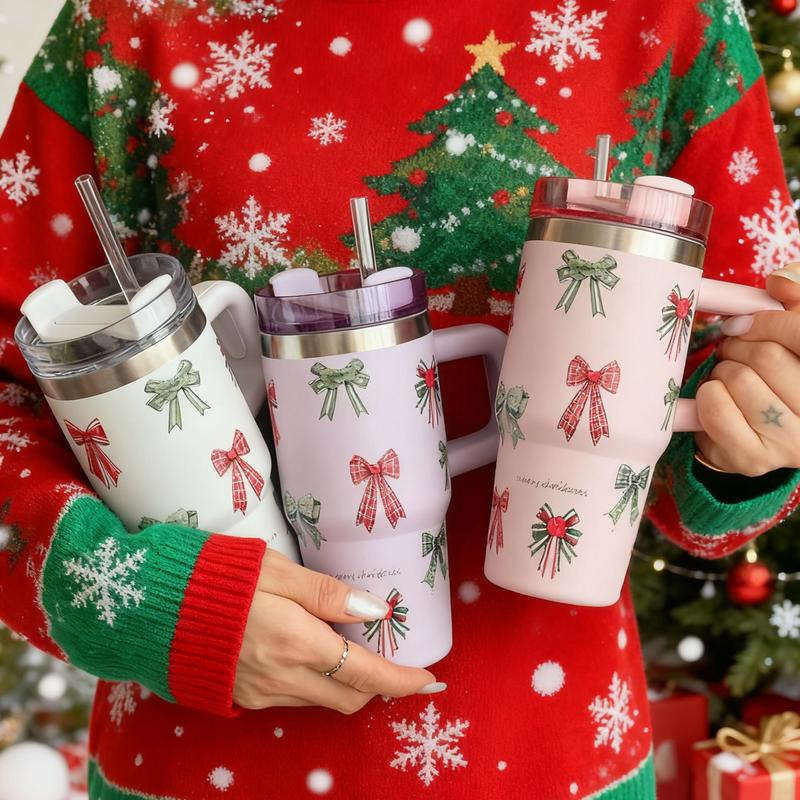Christmas Bow Element Cup, Large Capacity Car Mug with Handle, Stainless Steel Insulated Travel Cup, Vacuum Insulated Tumbler, Coffee Cup for School Office Outdoor Gym Home