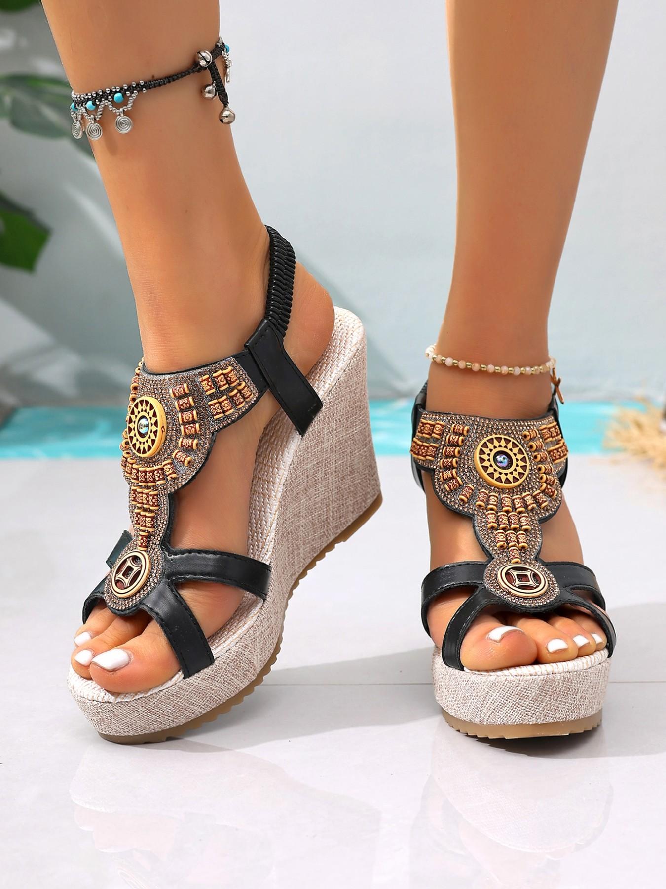 2026 Summer New Fashion Wedge Sandals for Women, Bohemian Style Metal Decor Thick Sole Roman Shoes, Party Vacation Photo Footwear