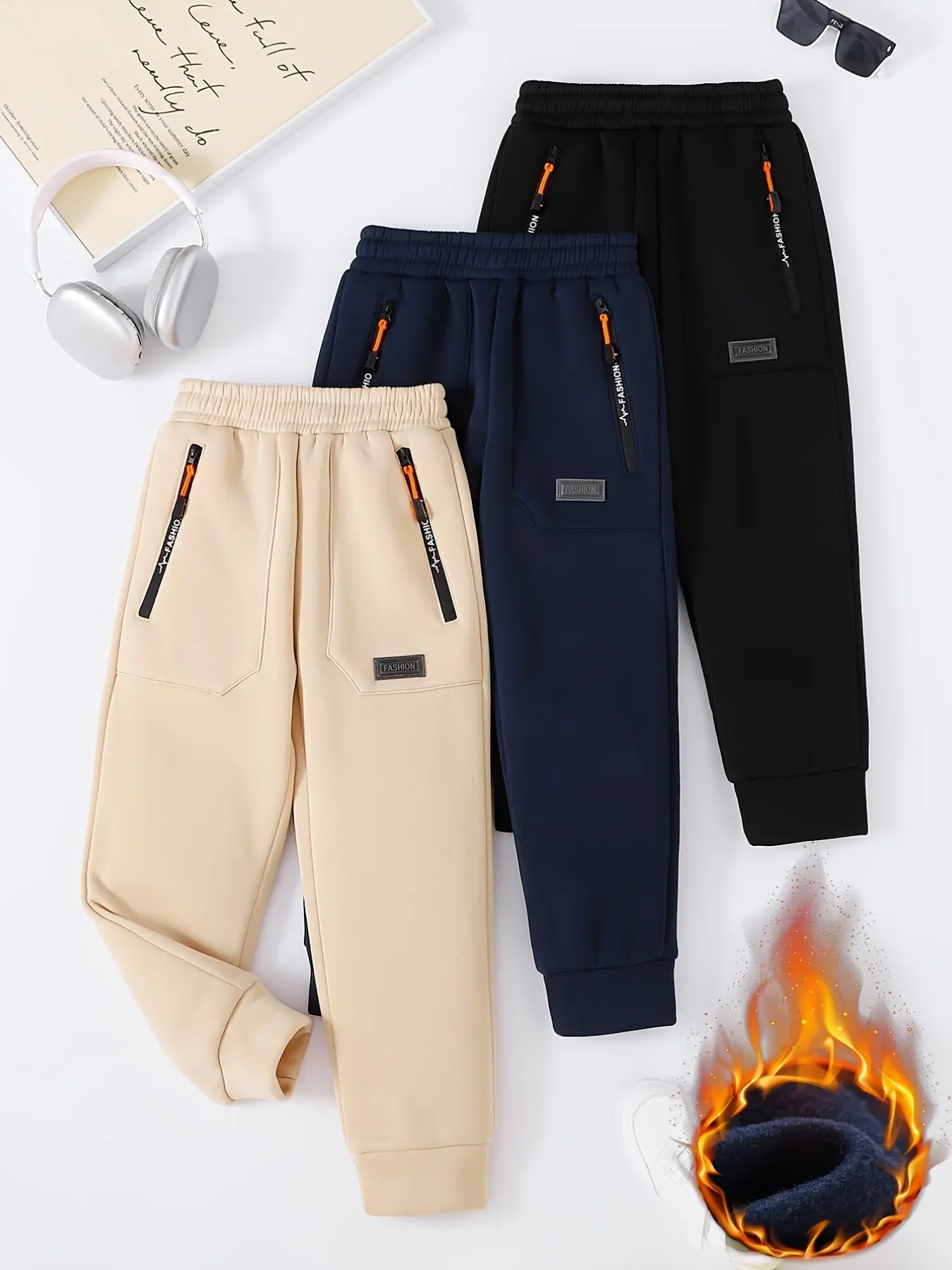 3-Pack Boys' Fall Winter Long Pants, Casual Zip Pocket Elastic Waist, Teenager Fleece Lined Pants, Daily Wear Comfortable Clothing, Sweatpants