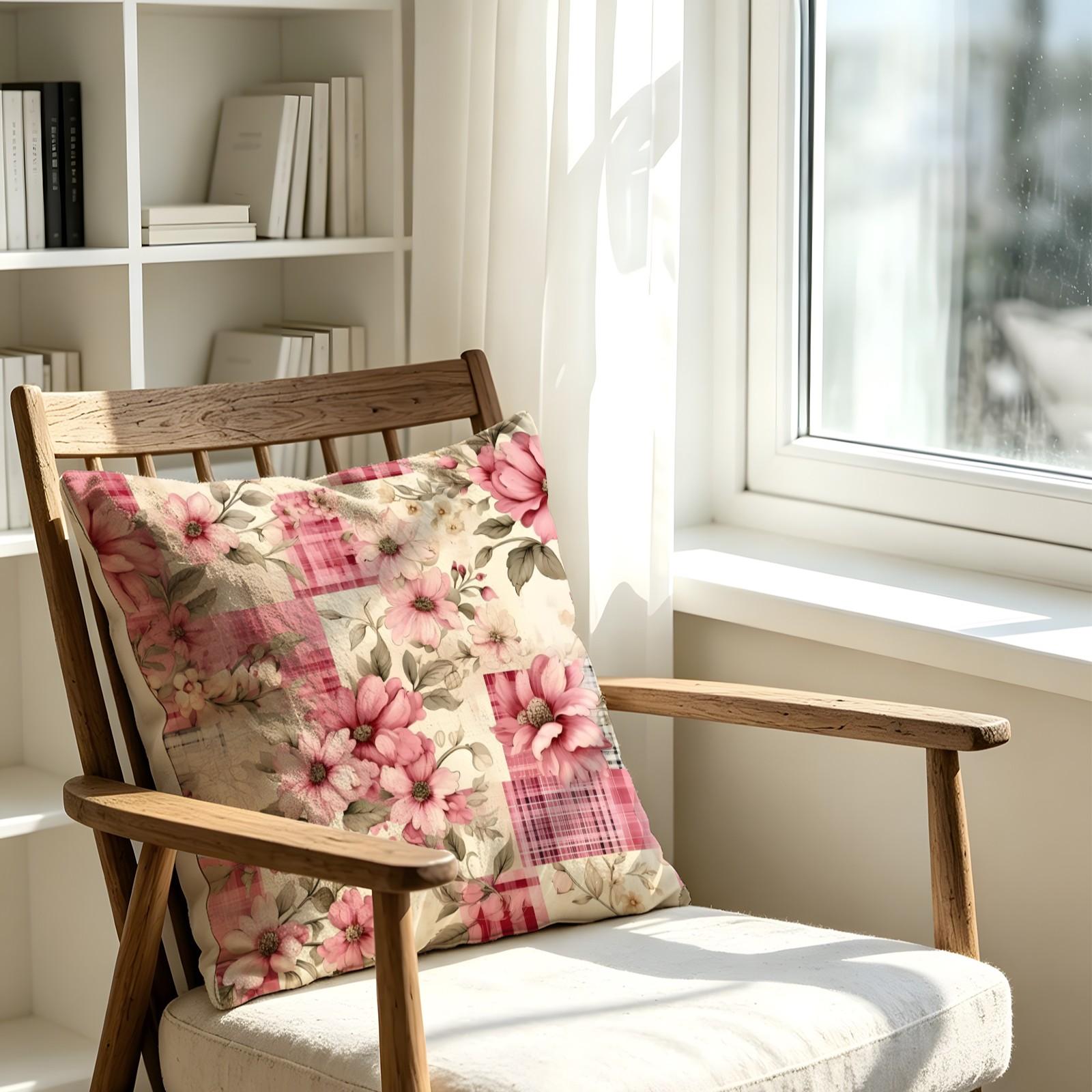 Vintage Floral Gingham Patchwork Digital Print Throw Pillow, Soft Square Decorative Accent Pillow Cushion Includes Pillow Core, Cottage Style Pillow for Sofa Couch Window Bench, Machine Washable Country Home Decor Gift for Women, Polyester Fiber Cushion