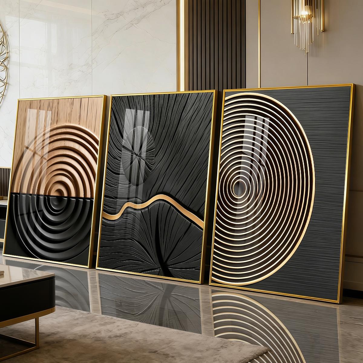 3 Counts Aluminum Alloy Framed Painting, Abstract Geometric Lines And Circles Art, Home Decoration For Living Room, Bedroom, Office, Restaurant, Hallway Wall Decor, Odorless Print Artwork, Luxury Perfect Gift For Friends And Family