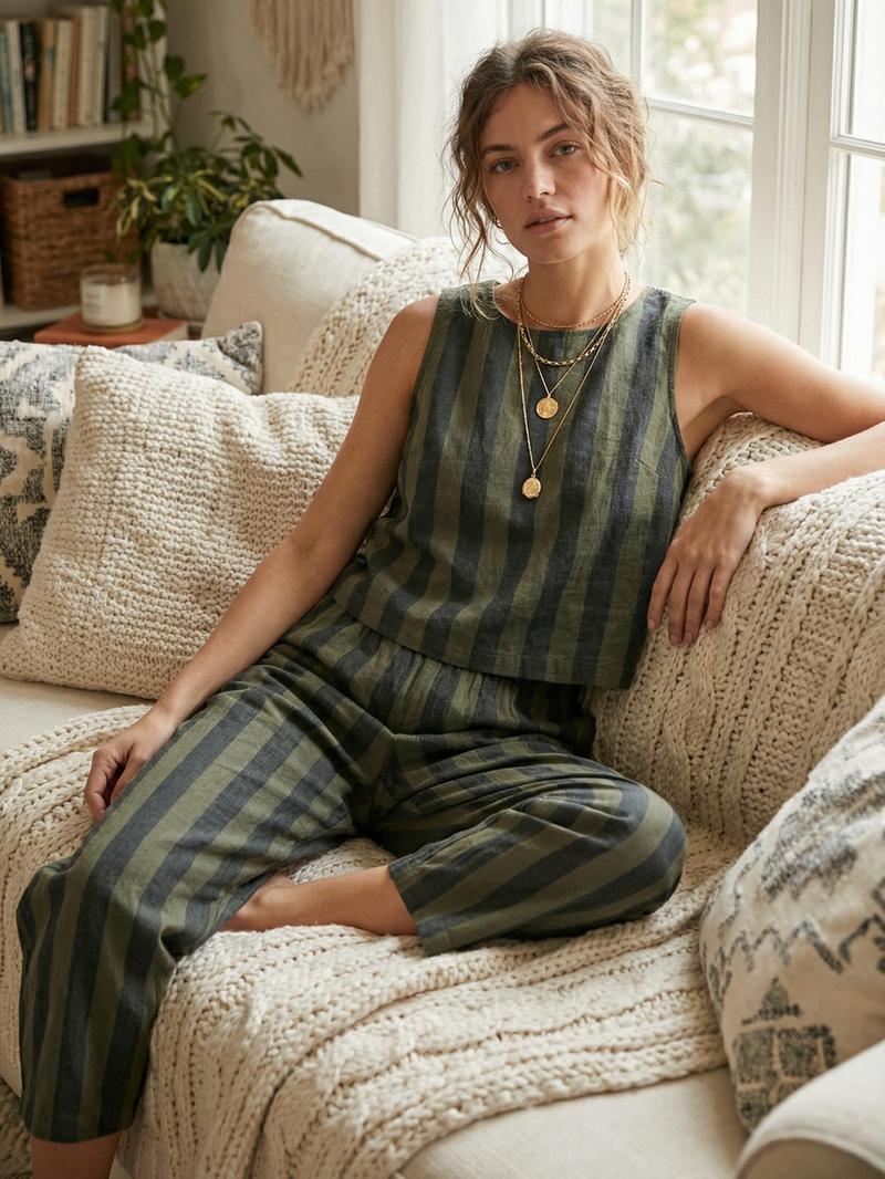 Women's Summer New Cotton Striped Set, Sleeveless Crop Top & Wide Leg Pants, Casual Loose Fit, Beach Travel Vacation Wear