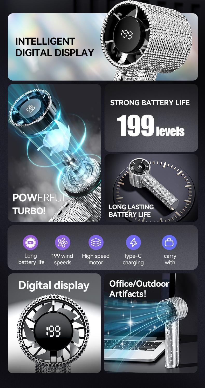MGALL S5 Full Diamond Luxury Craftsmanship Portable Handheld Turbo Fan, 3 Gear Wind, Rechargeable Long  Battery Life Hand Fan With Digital Display For Outdoor Activities, Travel, Office,Wonmen's gift