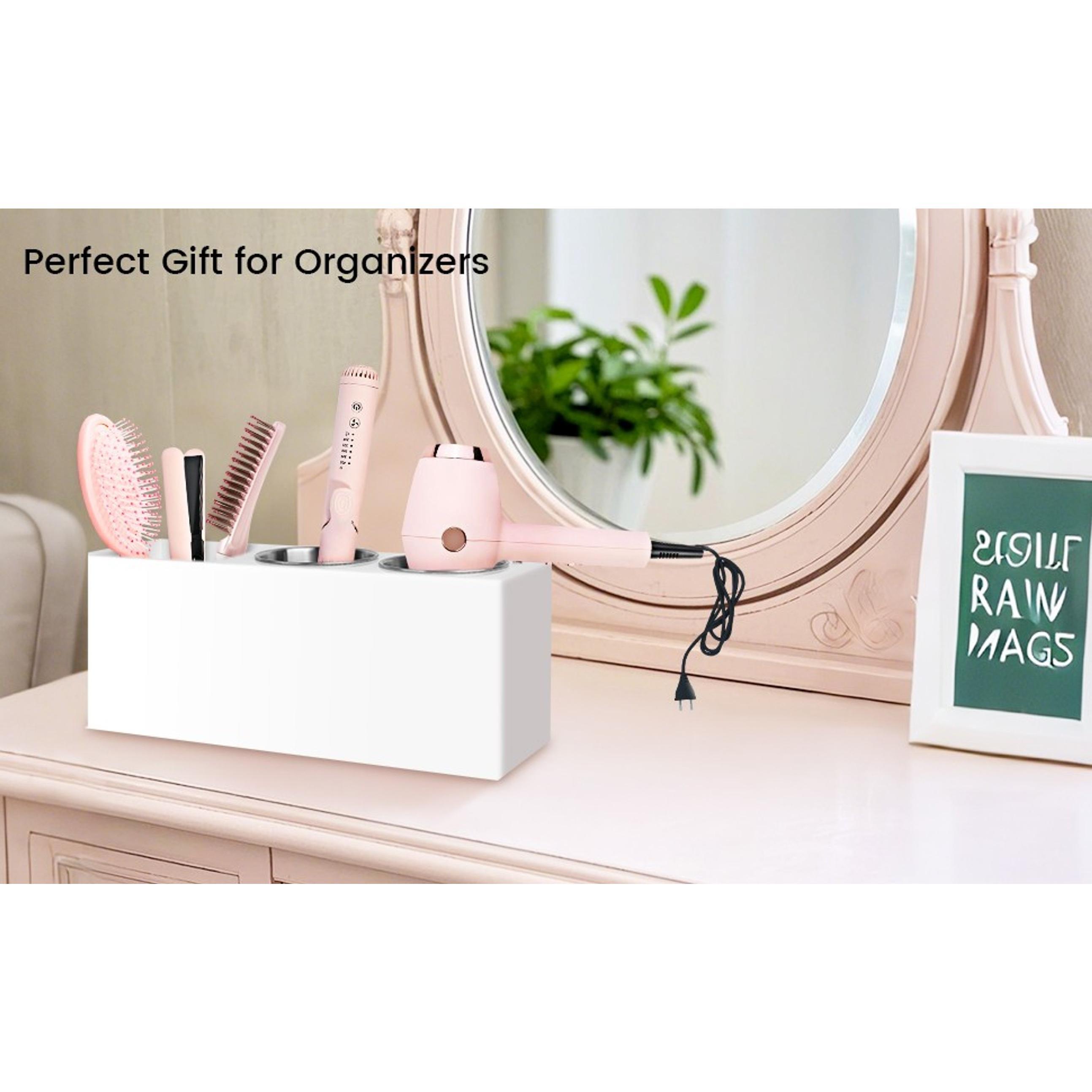 Hair Tool Organizer, Hair Dryer Holder with Heatproof Steel Cups, Acrylic Vanity Organizer for Curling Iron, Flat Iron & Hair Brushes, Perfect for Bathroom (White, Standard)