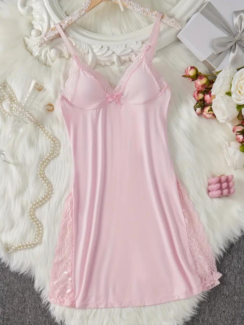 Women's Butterfly & Leopard Print Lace Trim Side Split Cami Nightdress, Casual Soft Comfortable Spaghetti Strap Nightgown for All Seasons, Sleep Dress, Fashion Ladies' Sleepwear for Daily Wear, Night Gown for Women, Casual Comfy Nightdress