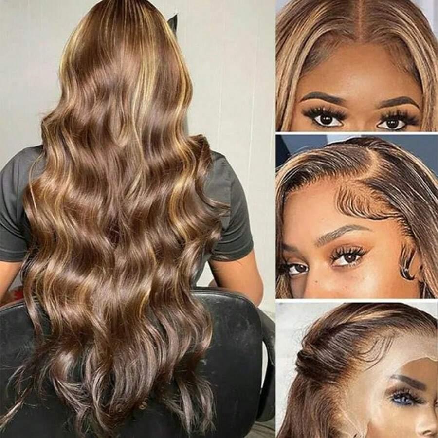 Highlight 13x4 HD Body Wave Lace Front Wigs Human Hair Honey Blonde Ombre 4/27 Lace Front Wig Human Hair Pre Plucked 180% Density Frontal Wigs for Women