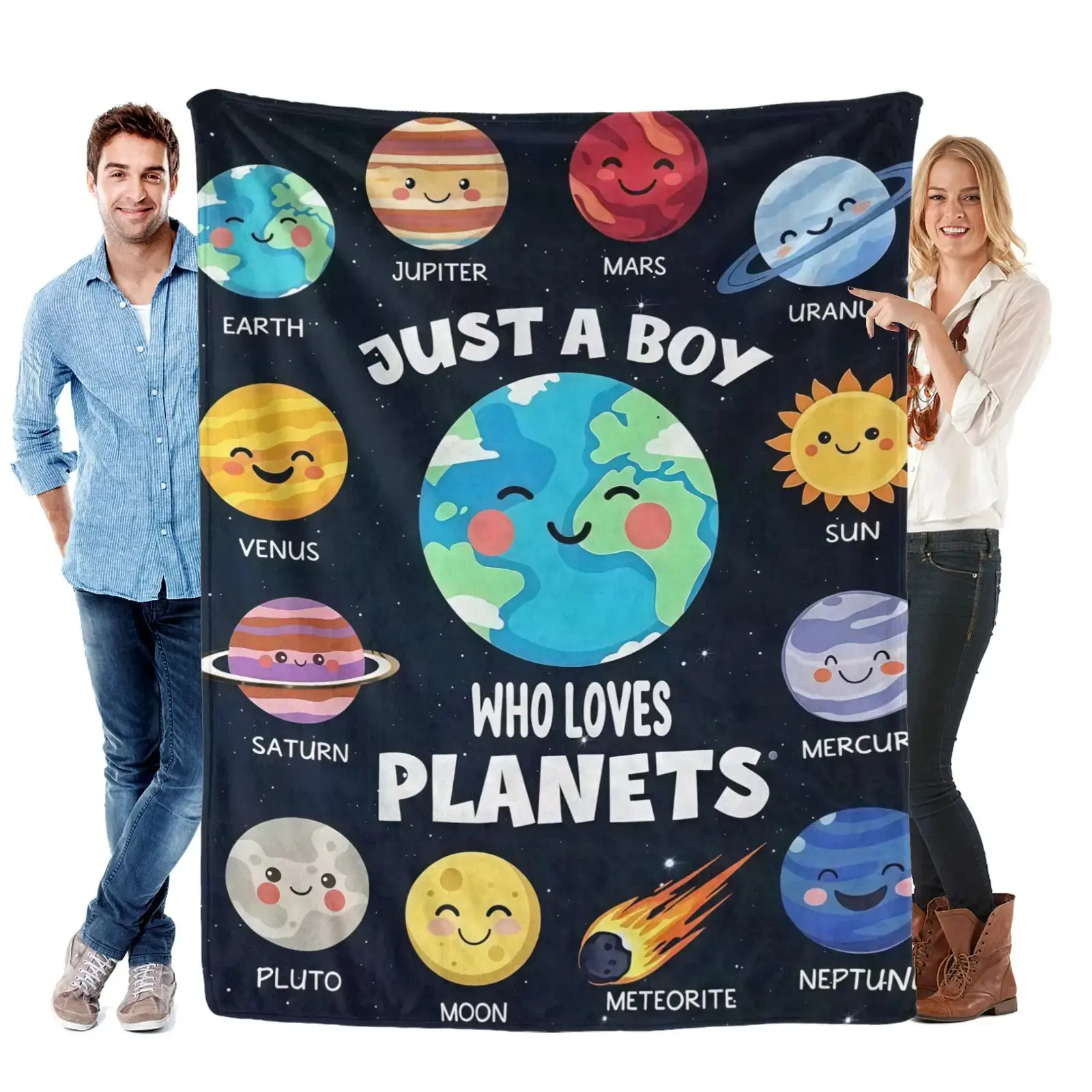 Solar System Planet Flannel Throw Blanket, Just a Boy Who Loves Planets Space Graphic for Kids Bedrooms and Science Rooms, Stargazing Sofa Accent & Birthday Holiday Gift for Boys, Teens and Young Astronomy Fans