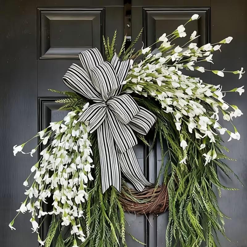 Spring Summer Front Door Decorative Wreath, Realistic Bell Flower Drip Tear Drop Door Knocker, Striped Bow, Plant Woven Wreath