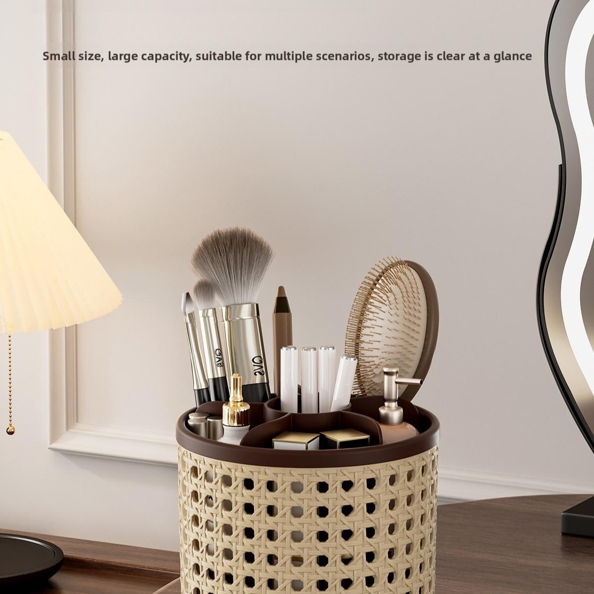 360° Rotating Pen Holder, Spacious Desktop Organizer for Students, Makeup Brush Storage Box, Independent Compartments, Vintage Style Design