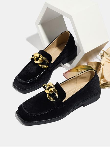 Women's Velvet Thick Sole Flat Square Toe Loafers, Retro Style Fall Fashion Shoes, Comfortable Slip-On Design for Daily Wear