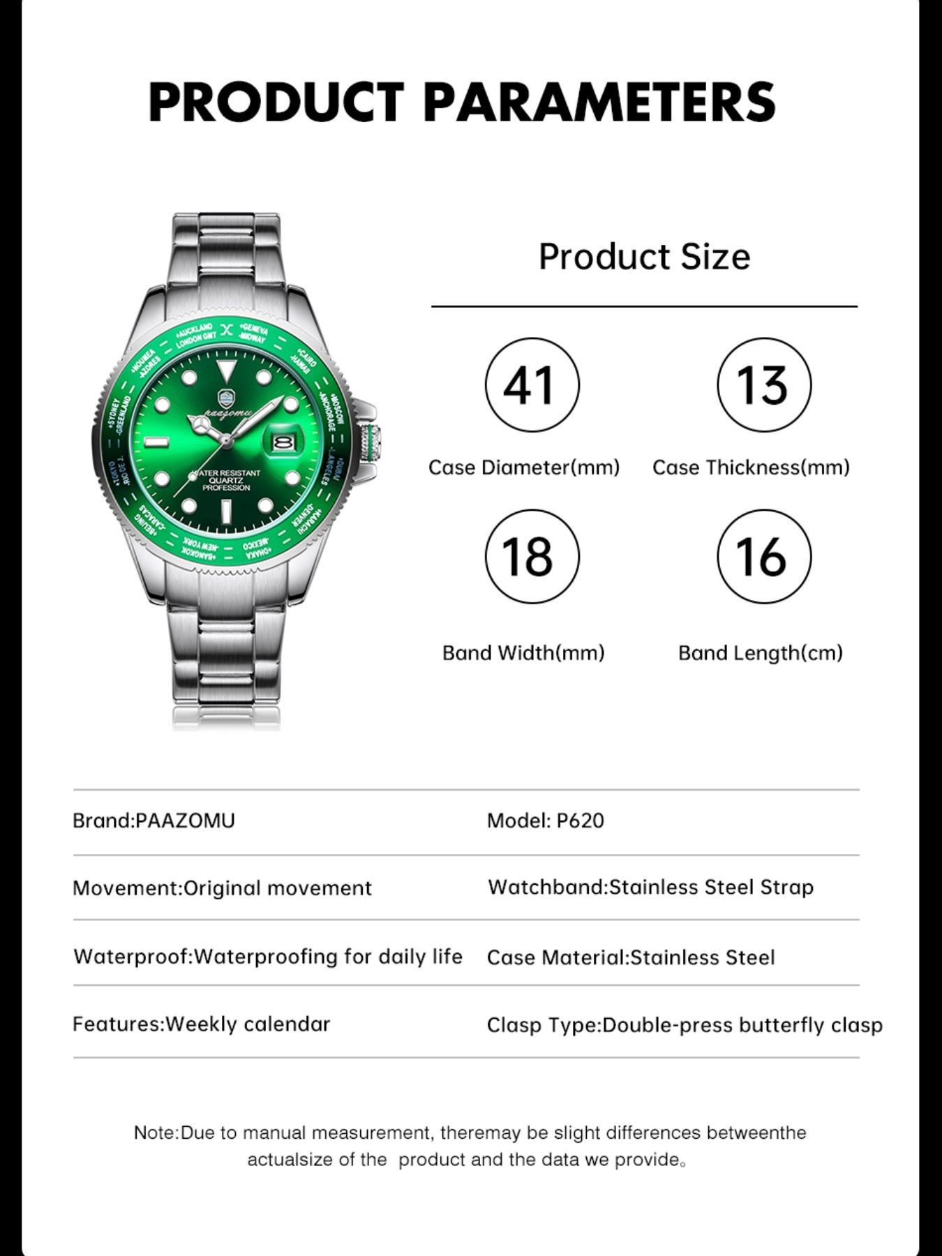 Paazomu Sport Men's Watch, Quartz Analog Display, Waterproof & Luminous, Stainless Steel Band, Casual Style, Ideal Gift