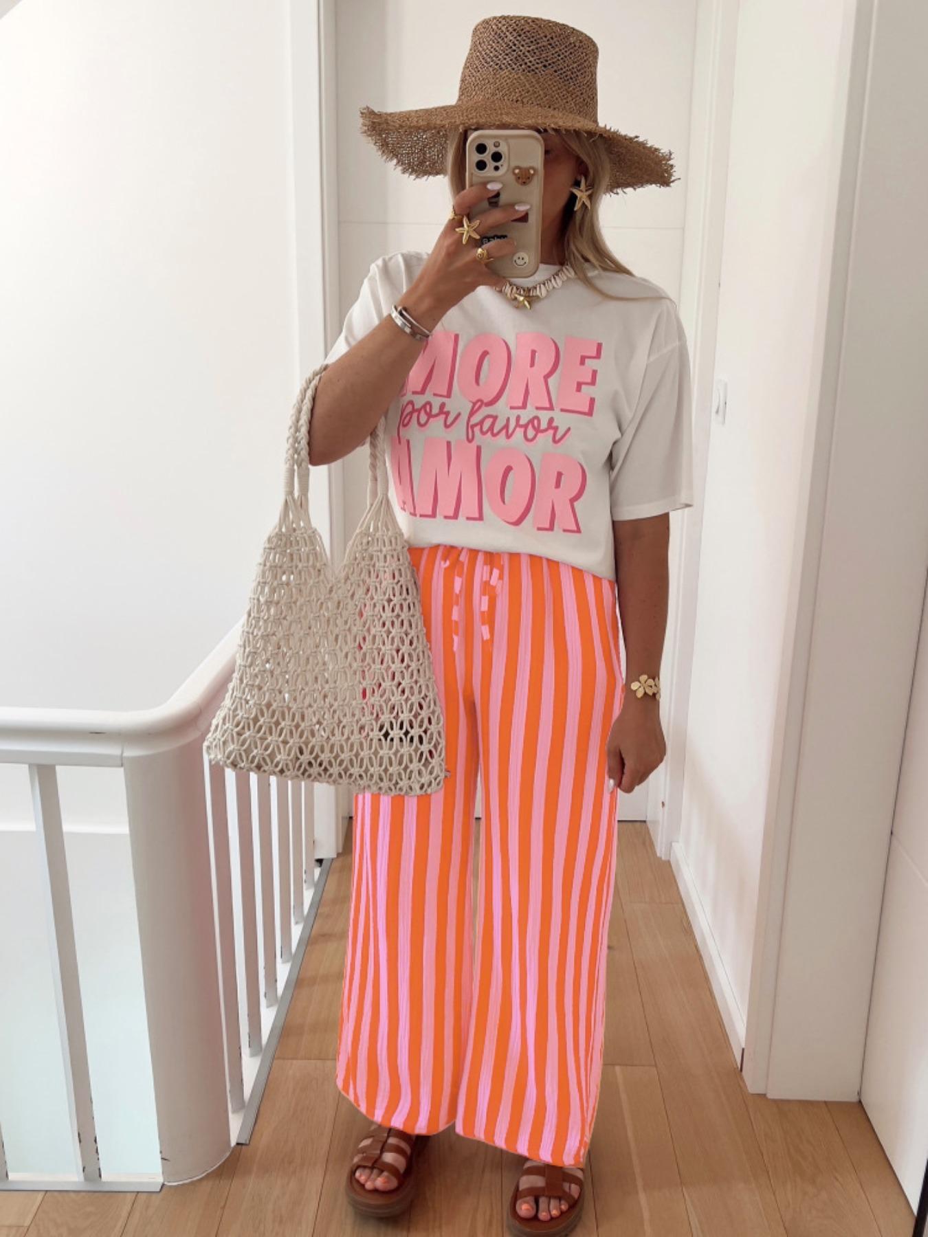 Women's Long Pants Casual Trousers Drawstring Elastic Waist Straight Leg Loose Casual Comfortable Printed Striped for Spring & Fall, casual streetwear pants, Womenswear