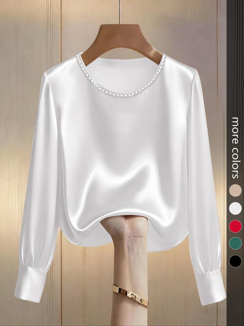 Women's Fashion Long Sleeve Top, Elegant Satin Round Neck Blouse, Suitable for Casual and Formal Office Commute