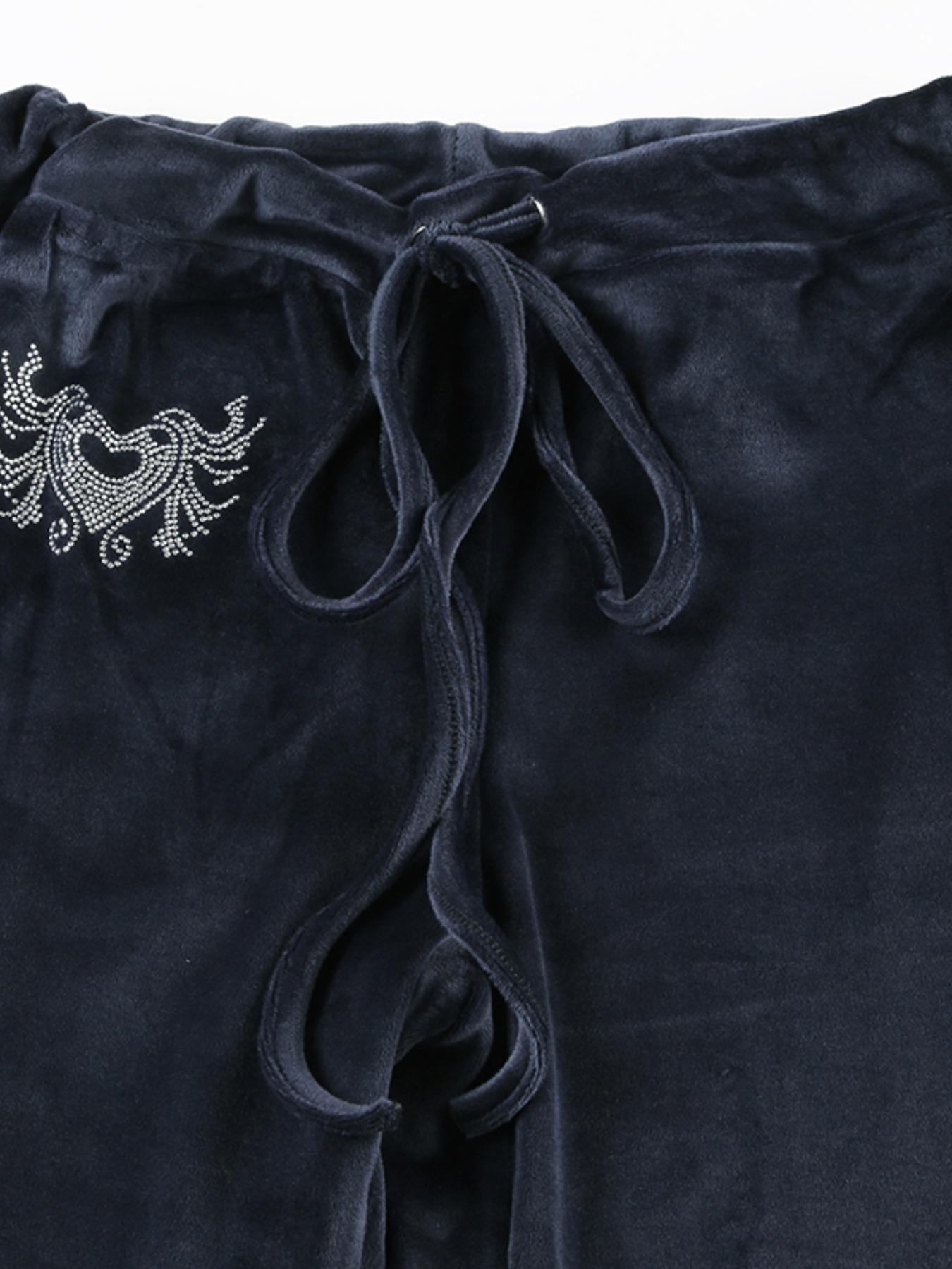 Vintage Y2K Heart Rhinestone Velvet Low Waist Flare Pants Women, Slim-Fitting All Season Fashion, Moderate Fabric Style