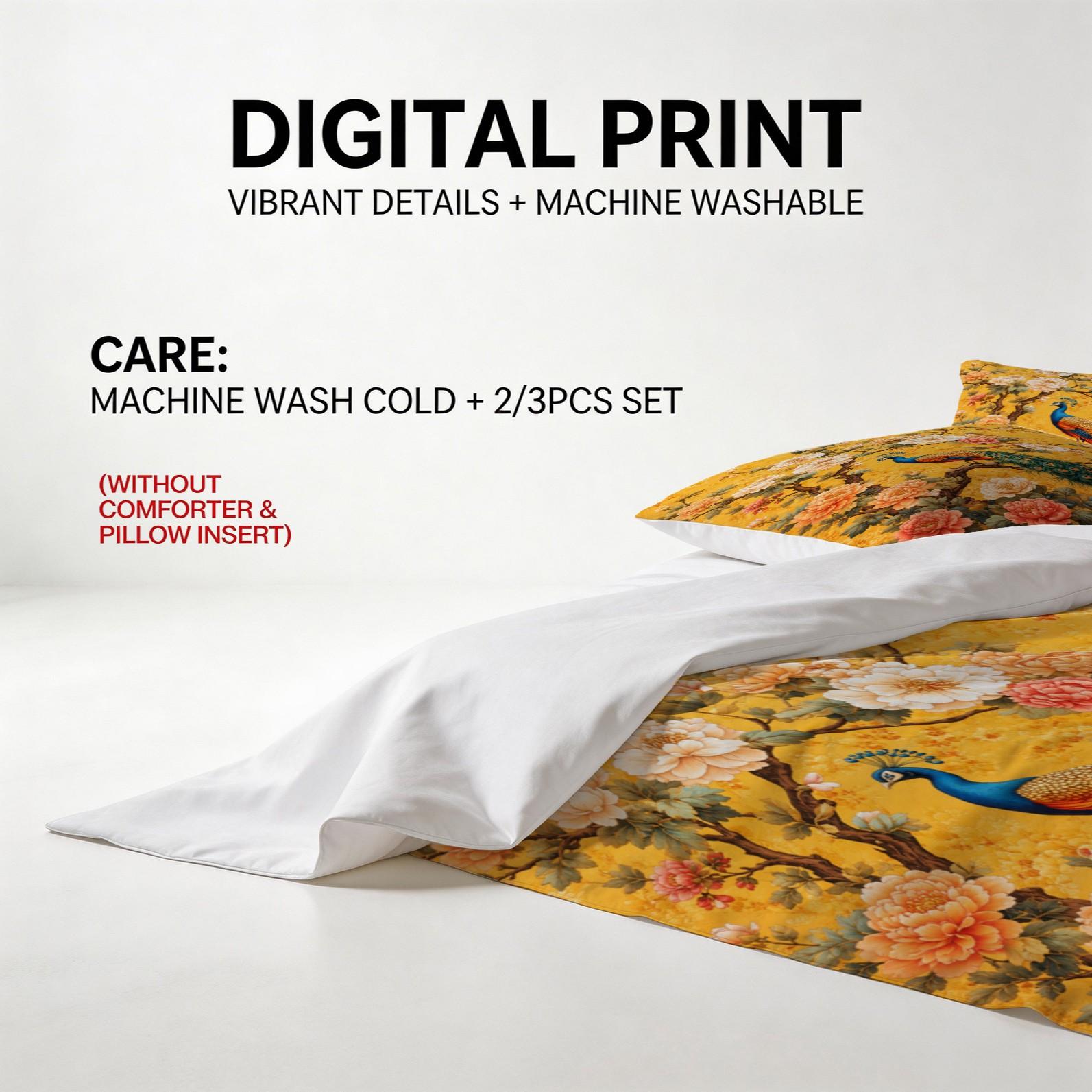 Peacock & Peony Duvet Cover Set, 2/3 Pieces (1 Duvet Cover + 1/2 Pillowcases, No Inserts Included), Vintage Oriental Floral Print, Soft & Breathable Bedding, Suitable for Adults' Bedroom Decor and Home Use for Chinese Style Lovers