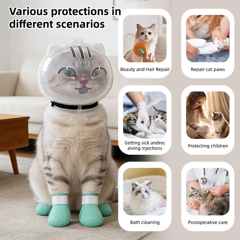 Transparent Cat Bite Guard with Breathable Hood, Adjustable Helmet for Aggressive Cats, Prevents Biting and Licking, Universal Size